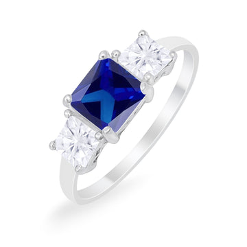 3 Stone Engagement Ring Princess Cut Simulated Sapphire CZ 925 Sterling Silver